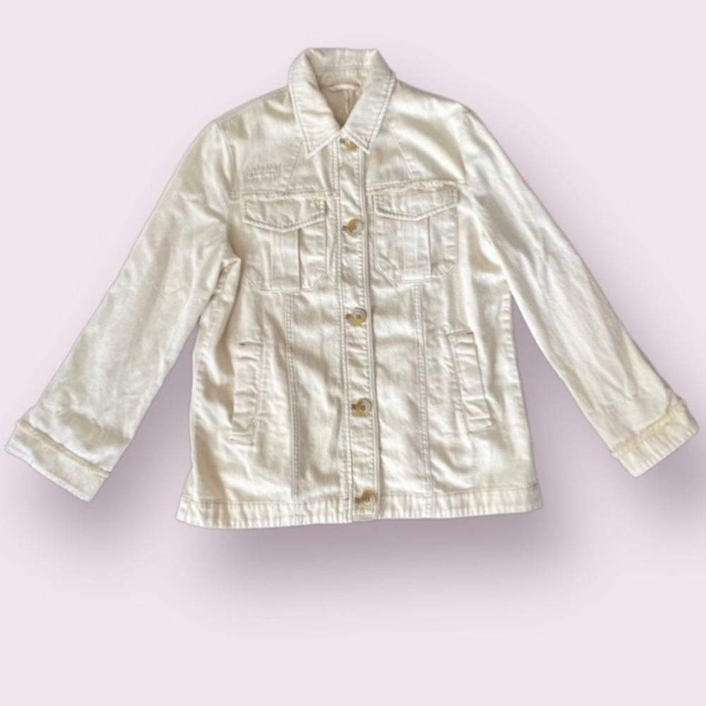 Free People Cream Distressed Jean Jacket Fringe Cuffs Button Front Size Small